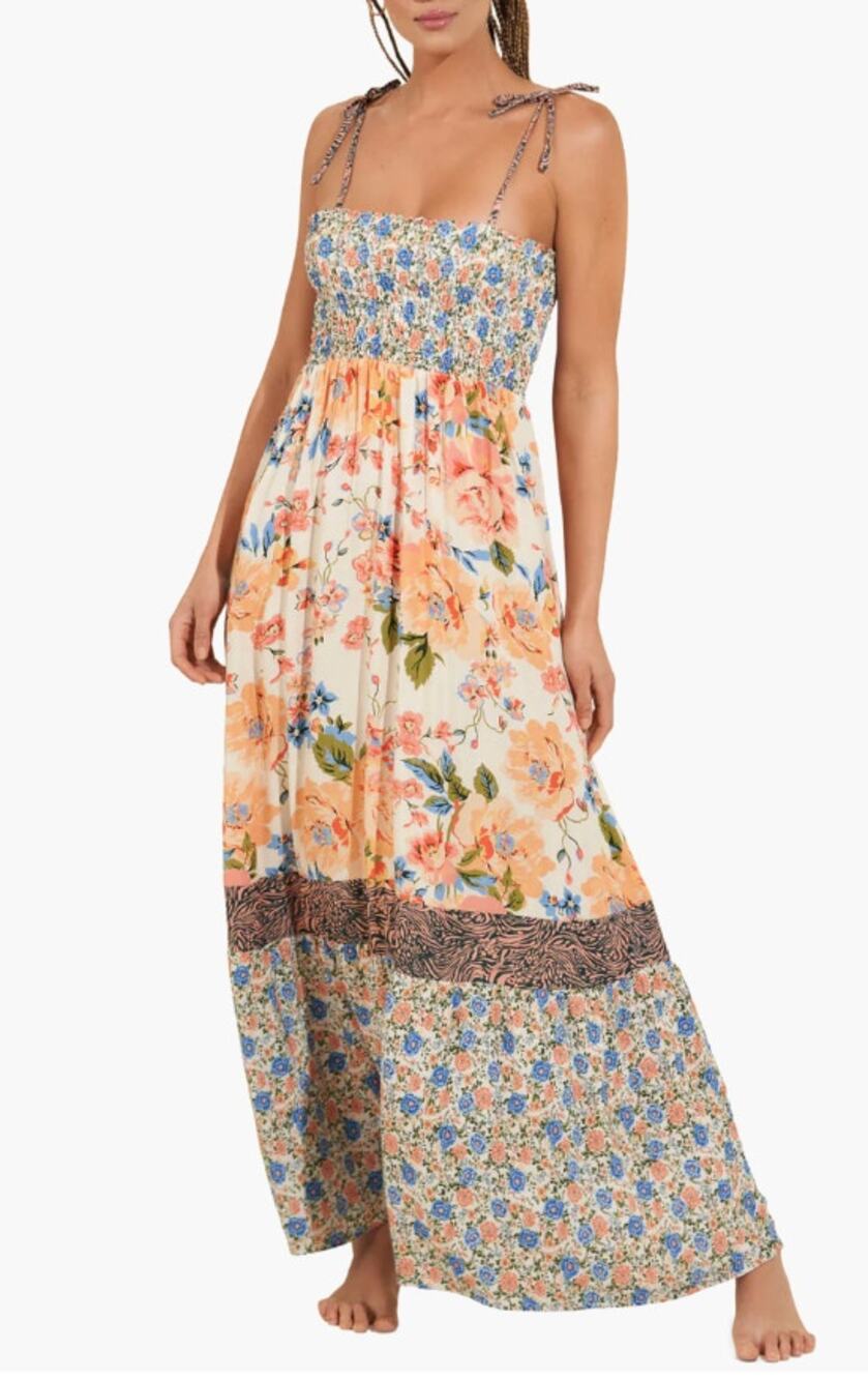 Maagi Free Spirit Bewitched Floral Print Smocked Flowy Maxi Dress Size M